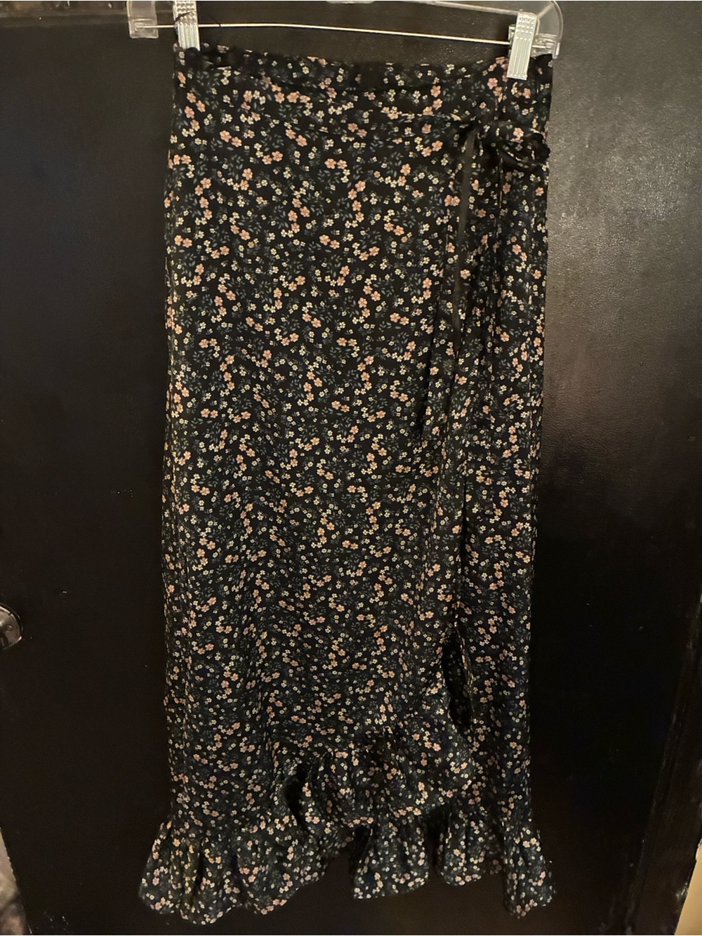 Women's Navy Floral Wrap Maxi Skirt with Ruffle Hem